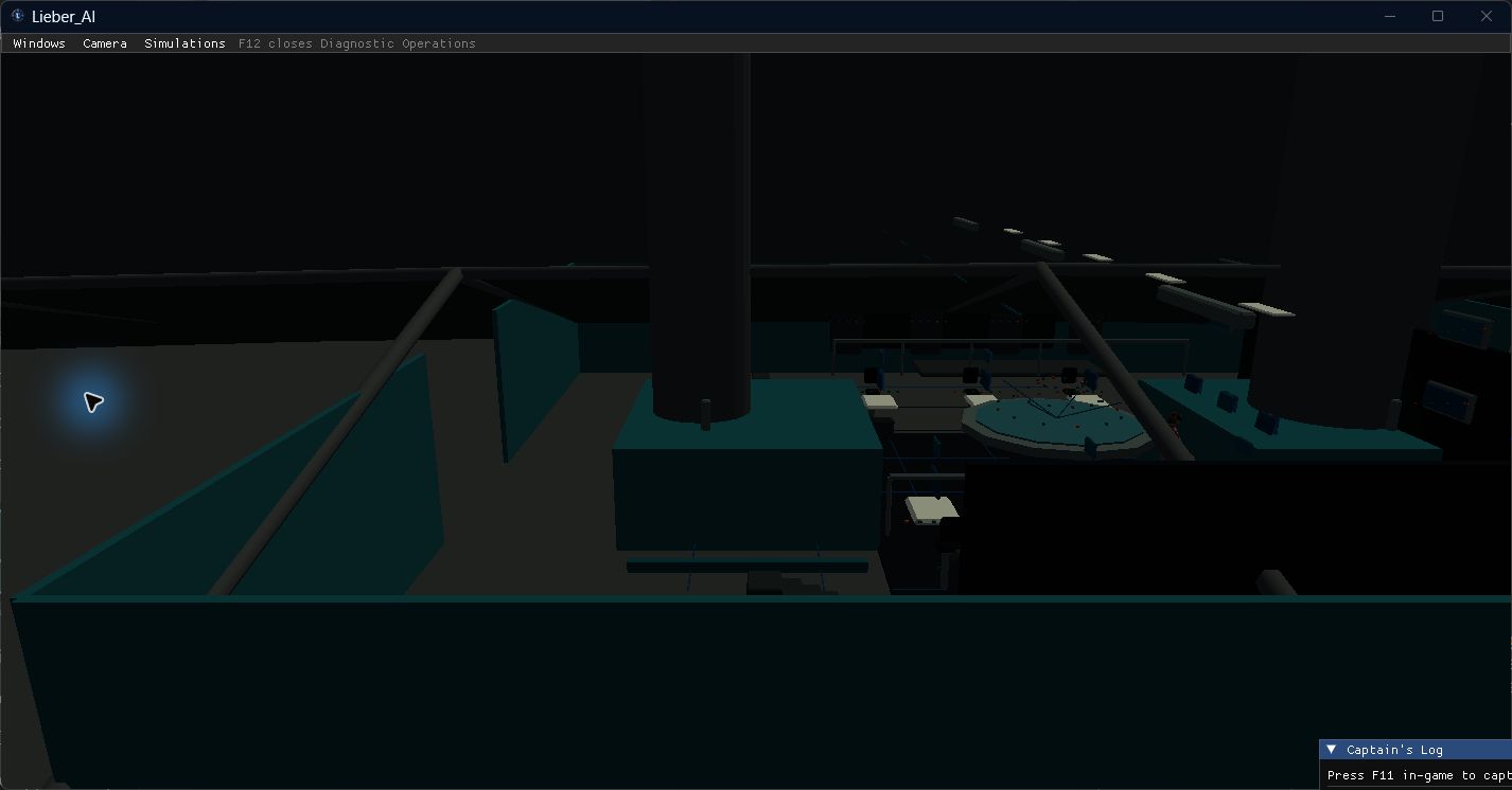 Lieber_AI scene F10 showing the Captain's Log panel mostly outside the lower-right client boundary