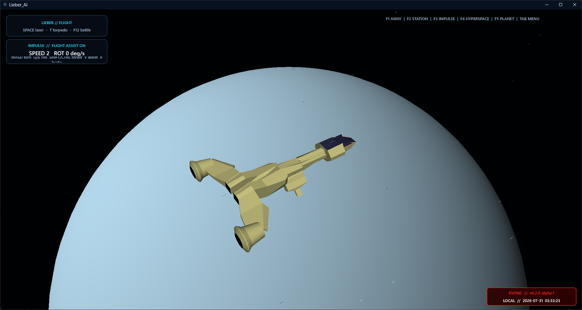 EVONC spacecraft flying above a pale blue simulated planet